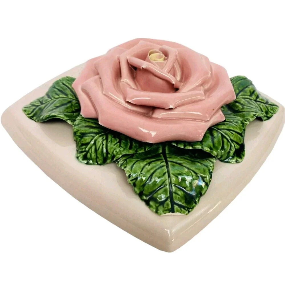Vintage Valley Vista California Pottery Ceramic Lidded Trinket Box Raised Rose